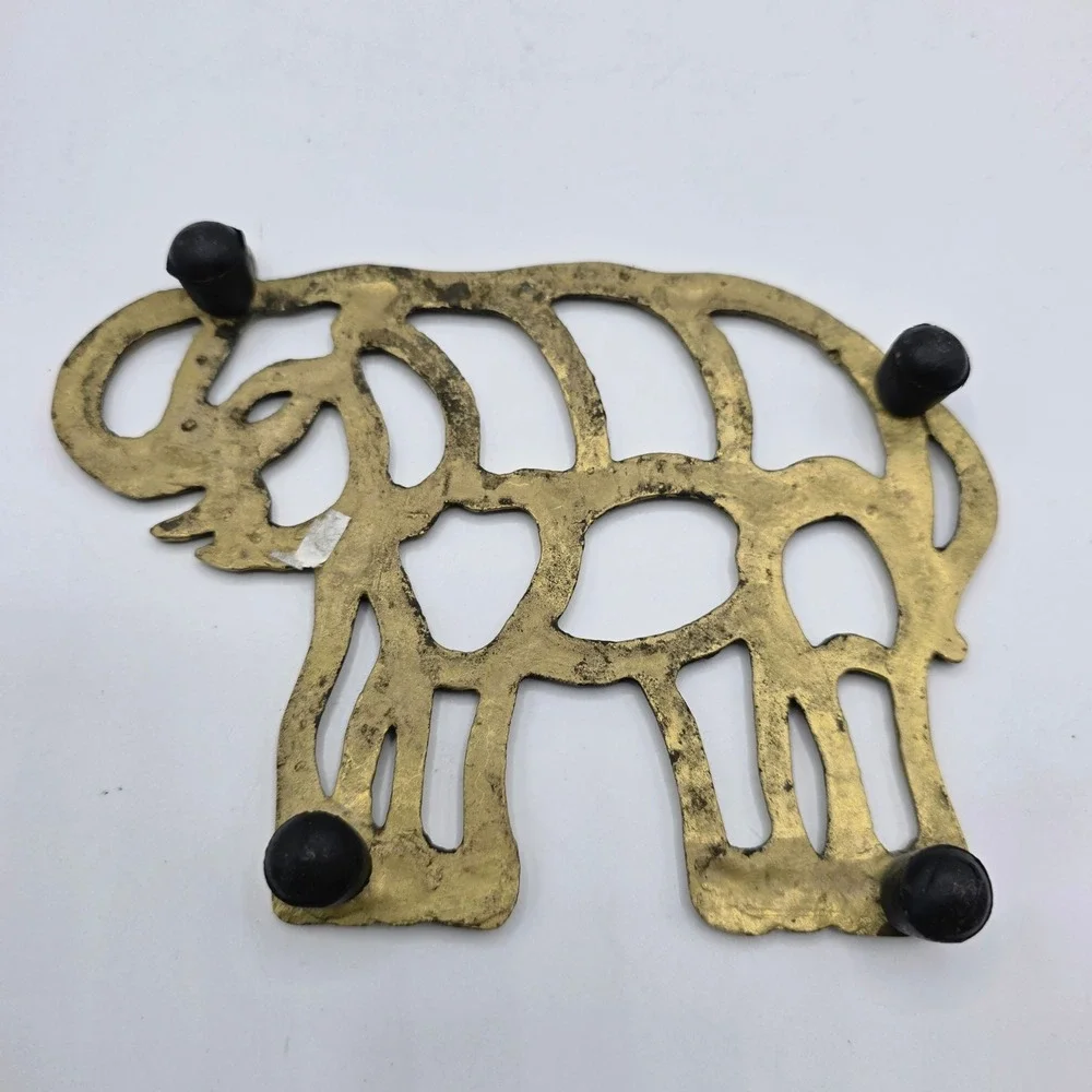 Vintage Brass Elephant Trivet Gold Tone Openwork Animal Pot Rest 7x5 Footed